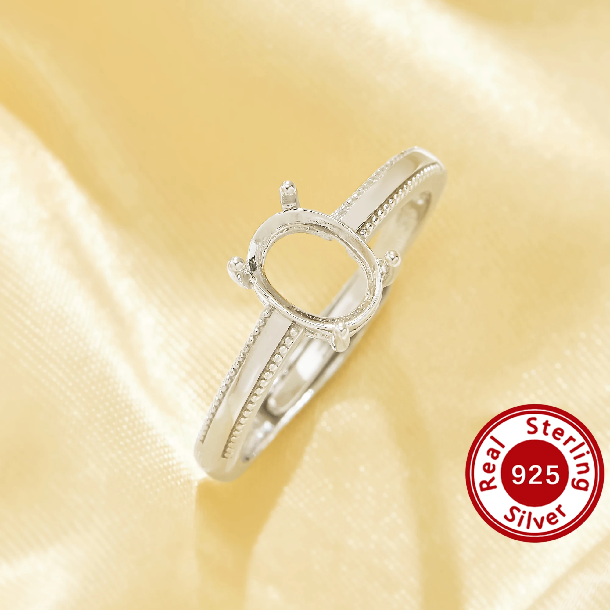 Ring Set Adjustable - 6x8MM Oval Prongs Ring Setting,Milgrain Edge