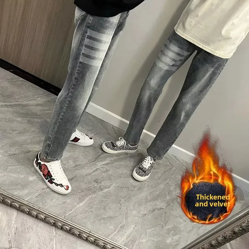 

Зимние мужские джинсы на подкладке Fce, свободные прямые брюки, повседневные универсальные студенческие тонкие модные брендовые джинсы с девятью точками и четырьмя полосками