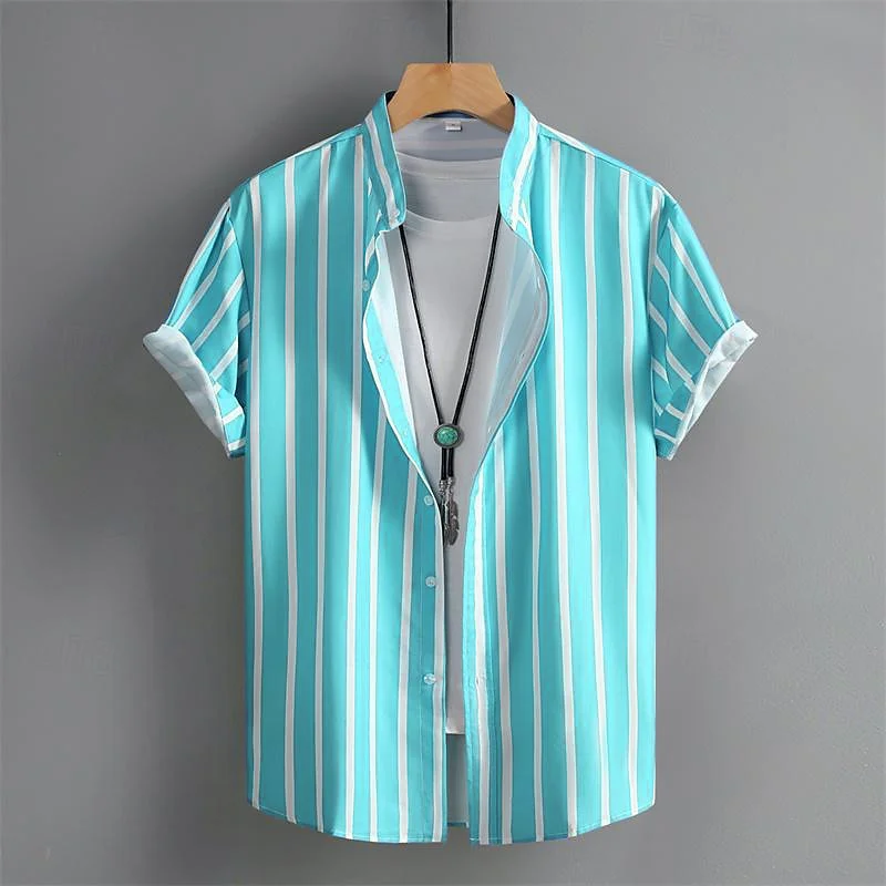 Men\'s Shirt Spring Summer Beach Shirt Short Sleeve Striped Stand Collar Hawaiian Holiday Men\'s Clothing Fashion Casual