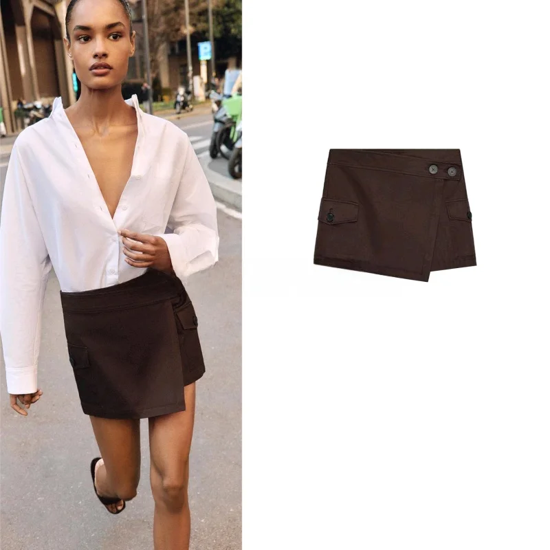 

Новые женские повседневные брюки-юбка с двойными карманами на молнии, высокой талией, А-силуэтом, облегающие, из полиэстера, для работы и отдыха.