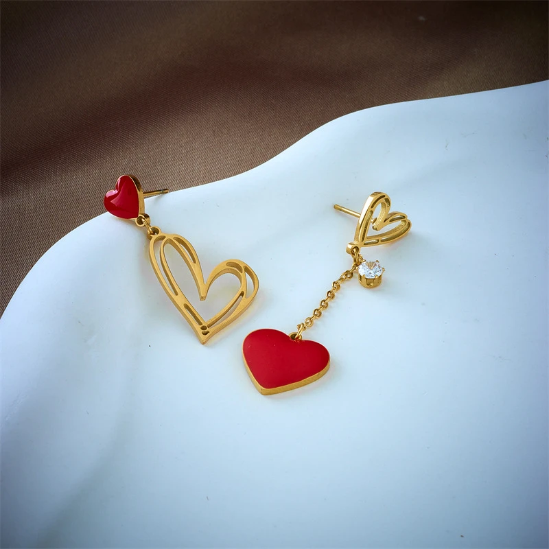 316L Stainless Steel New Fashion Fine Jewelry Hollow Asymmetric Zircon Love Heart Shaped Tassels Stud Earrings For Women Girl\'s