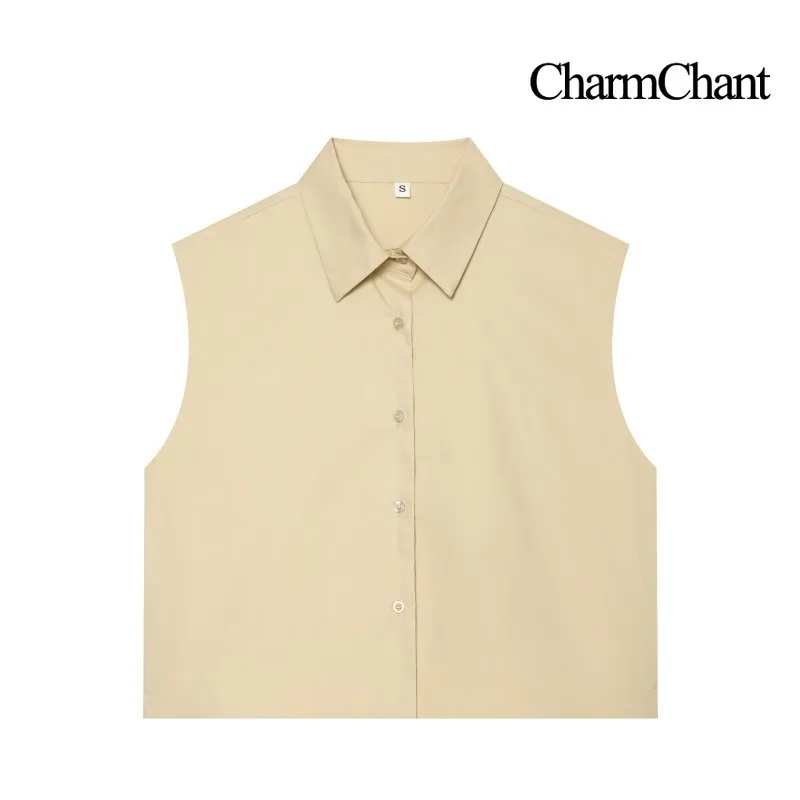 CHARMCHANT Women's Lapel Collar Sleeveless Button Down Cropped Shirt Back Pleated Loose Sleeveless Blouse Summer 2026
