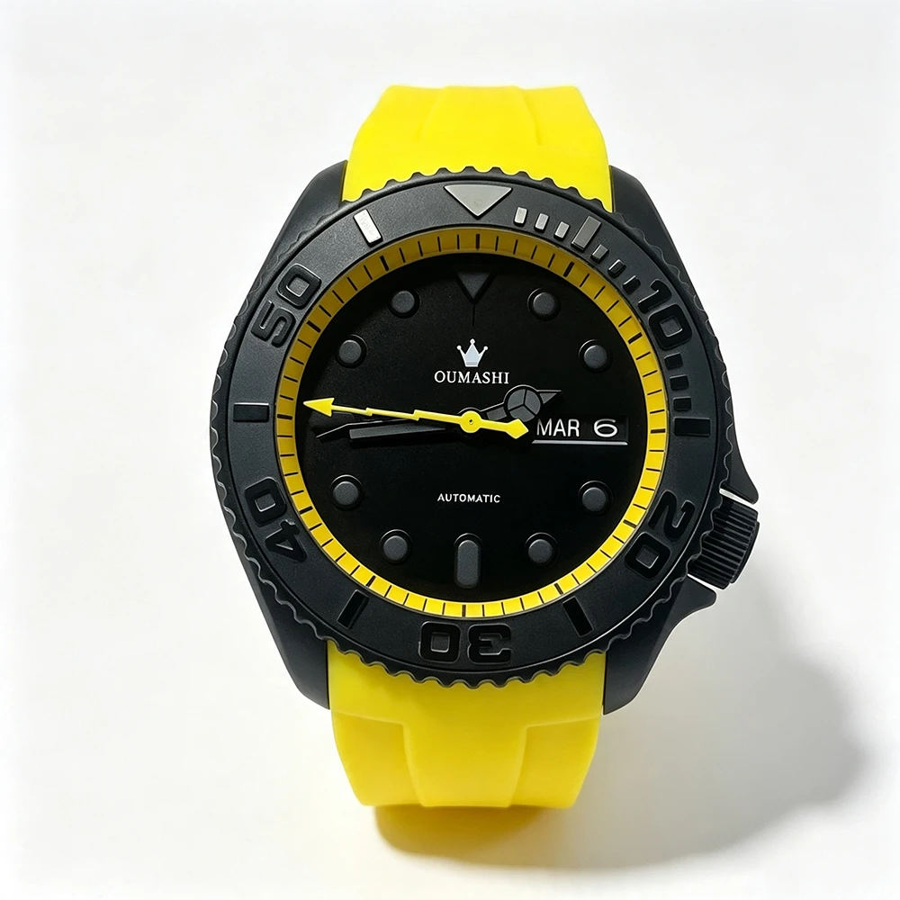 Men Automatic Mechanical Diver Watch Silicone Rubber Strap Transparent Back Luminous Week Date Waterproof Sports Wristwatch`