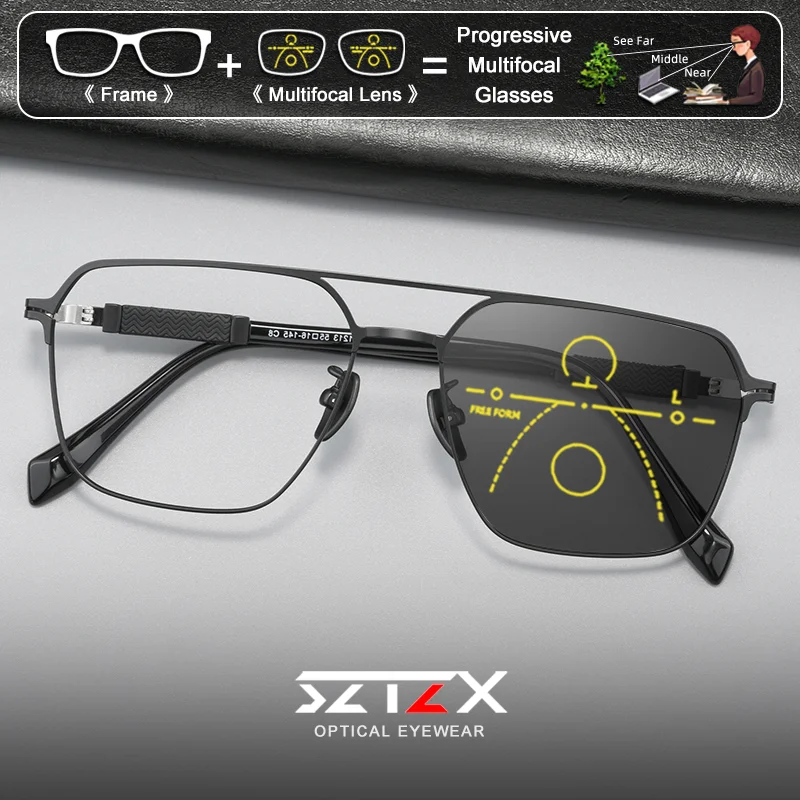 

SZTZX High Quality Men Trendy Aviator Style Reading Eyeware Anti Blue Light Business Progressive Multifocal Prescription Glasses