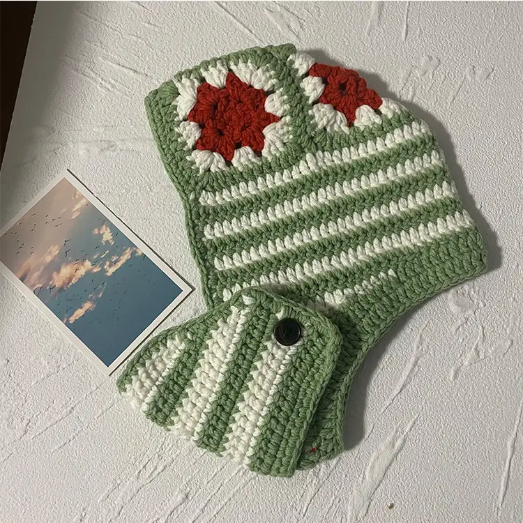 INS Korea Autumn Winter Flower Striped Y2K Balaclava Thief Hats For Women Men Mask One-piece Knitted Beanie Caps Gorras - Image 12