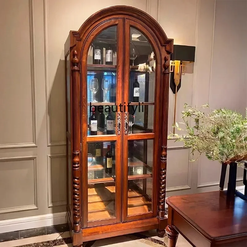 

American solid wood wine cabinet European retro arched bookcase Home living room display glass cabinet