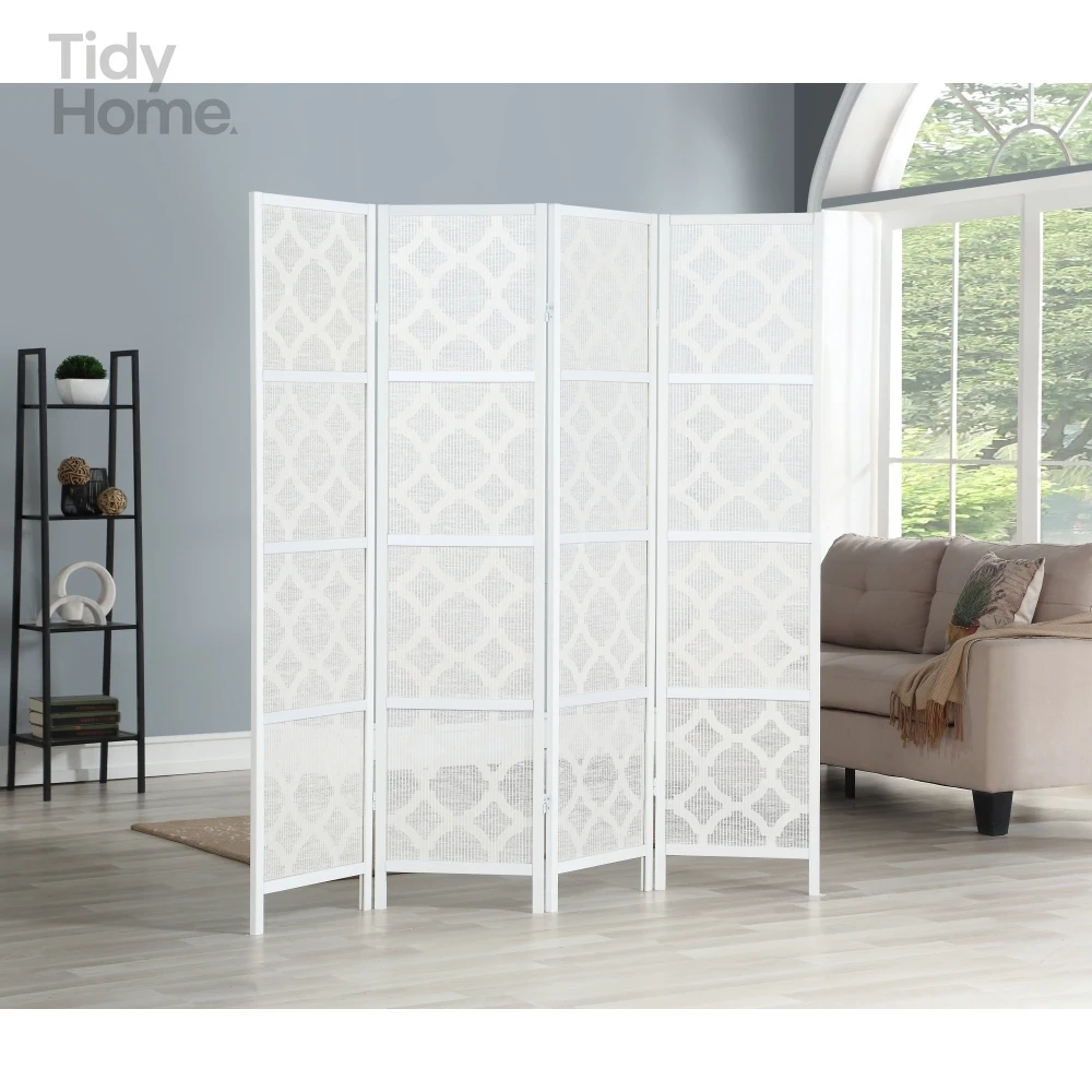

Folding screen with Modern design,Quarterfoil infused Diamond Design, 4-Panel Room Divider,for bedrooms and living rooms, White