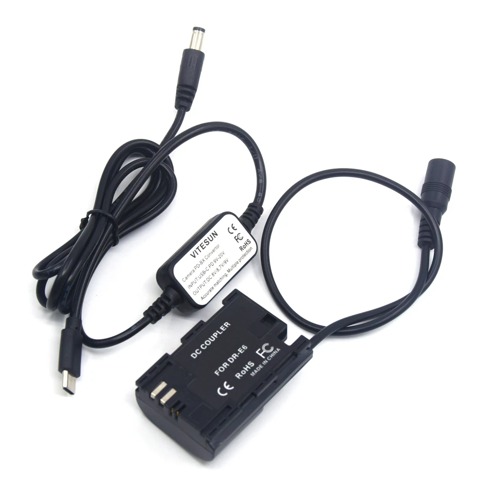 USB C to DC Cable DR-E6 LP-E6 LC-E6E Dummy Battery Full Decoded Fit for Canon EOS 60D 70D 80D 90D 5DS Mark IV III 5D4 5D3 R5 R6