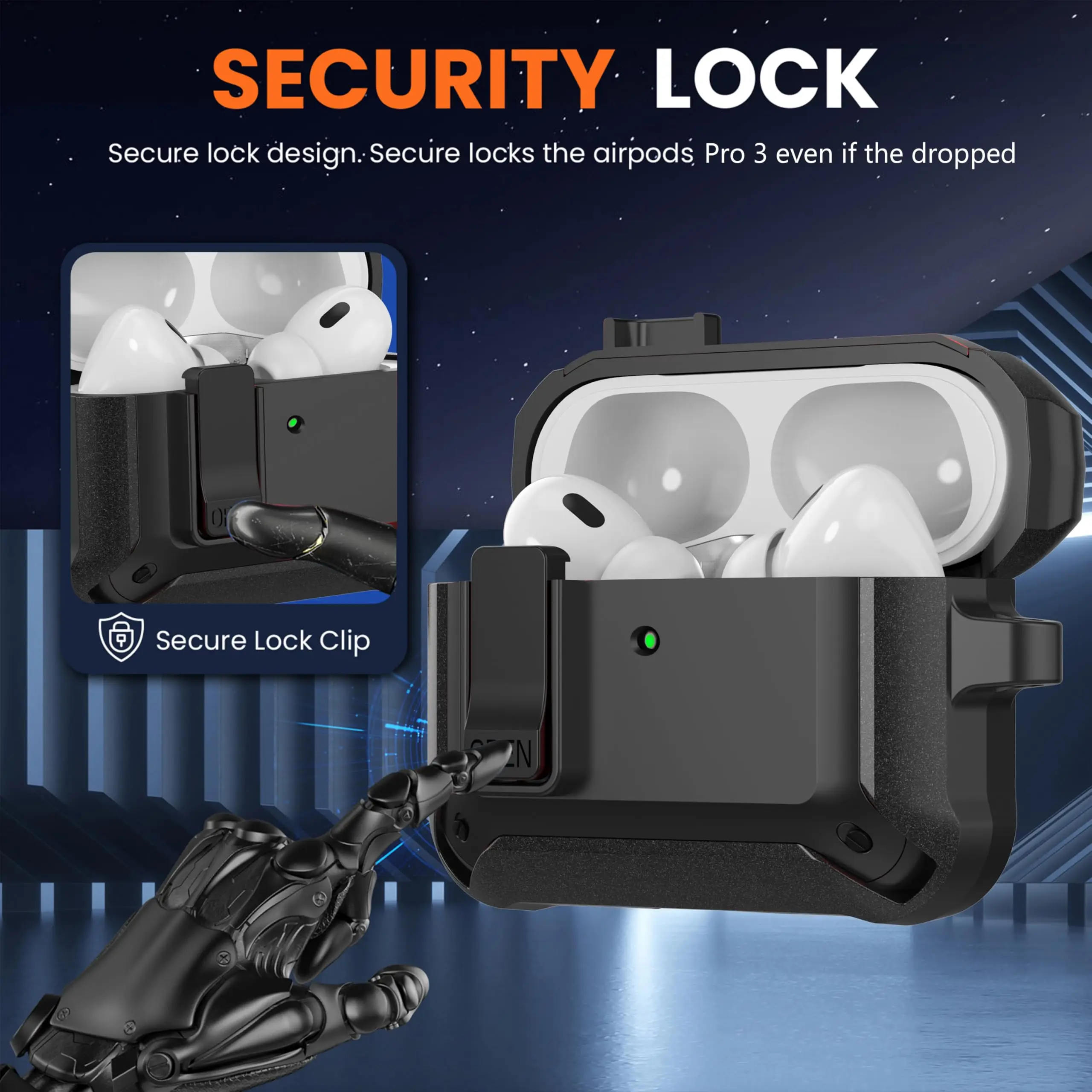 for AirPods Pro 3 Case Secure Lock 2025 Shockproof Protective Case Cover with Cleaning Kit&keychain Case for AirPods Pro 3 Men
