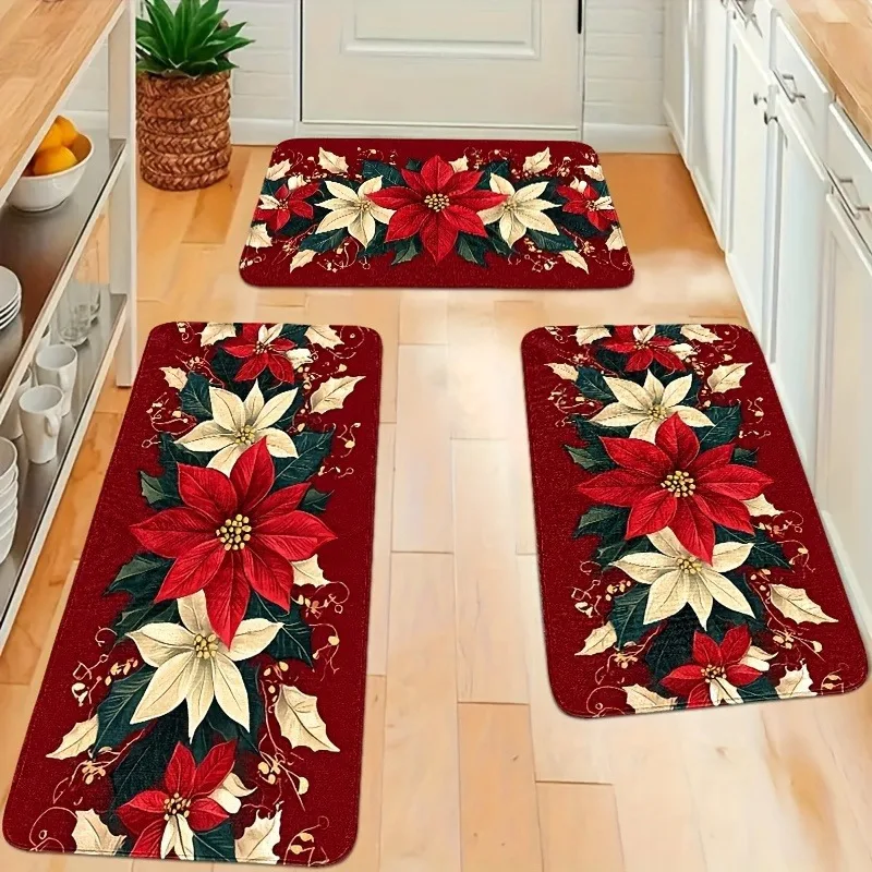 VIKAMA Christmas Kitchen Rugs 2‑Pack Non‑Slip Washable Floor Mats Xmas Poinsettia Floral Holiday Kitchen Runner Mat