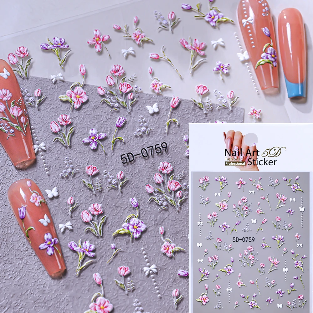5D Embossed Romantic Tulip/Iris/Lily of the Valley Flowers Nail Sticker Colours Tulip Flower Decal Adhesive Spring Flower Slider