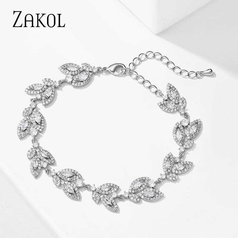 ZAKOL Exquisite AAA Cubic Zirconia Charm Chain Link Bracelets & Bangles for Elegant Women Luxury Leaf Bridal Wedding Jewelry