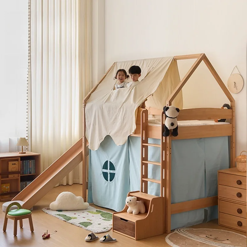 Solid Wood Beech Children Semi-High Bed Boys Girls Tree House Bed Up House Castle Slide Kids Bedroom Furniture Playhouse Bunk