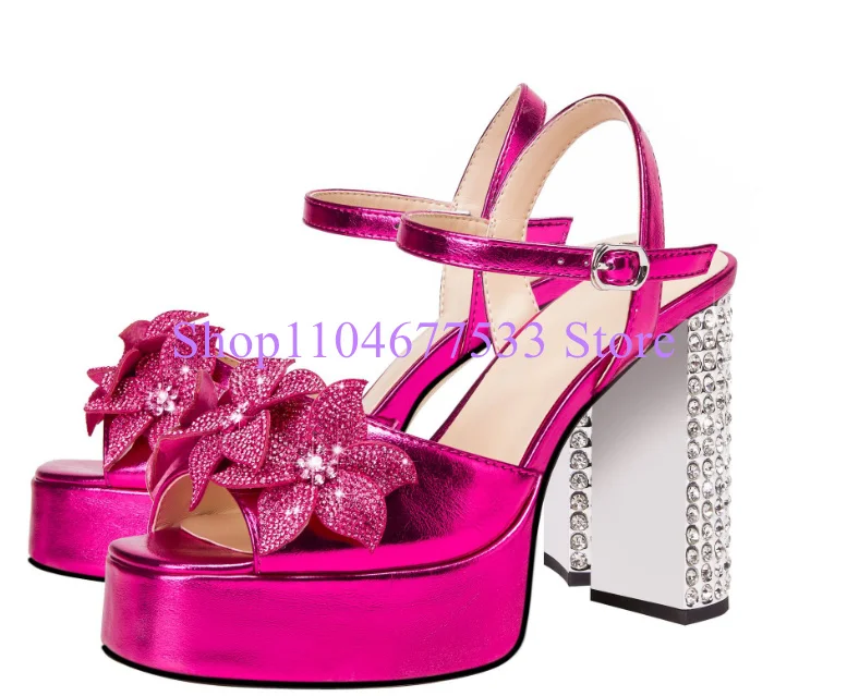 

Rose Red Flower Decor Lady Crystal Sandals Fashion Chunky Heel Platform Sandals Woman New Dress Party High Heels Pumps Shoes