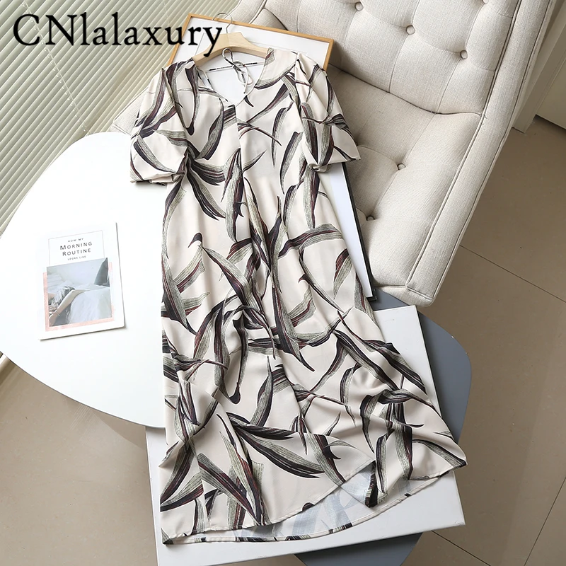 CNlalaxury 2022 Spring Summer Fashion Leaf Print Linen Blend Dress Frenulum Waist Dresses Short Sleeve Vintage Vestidos Mujer