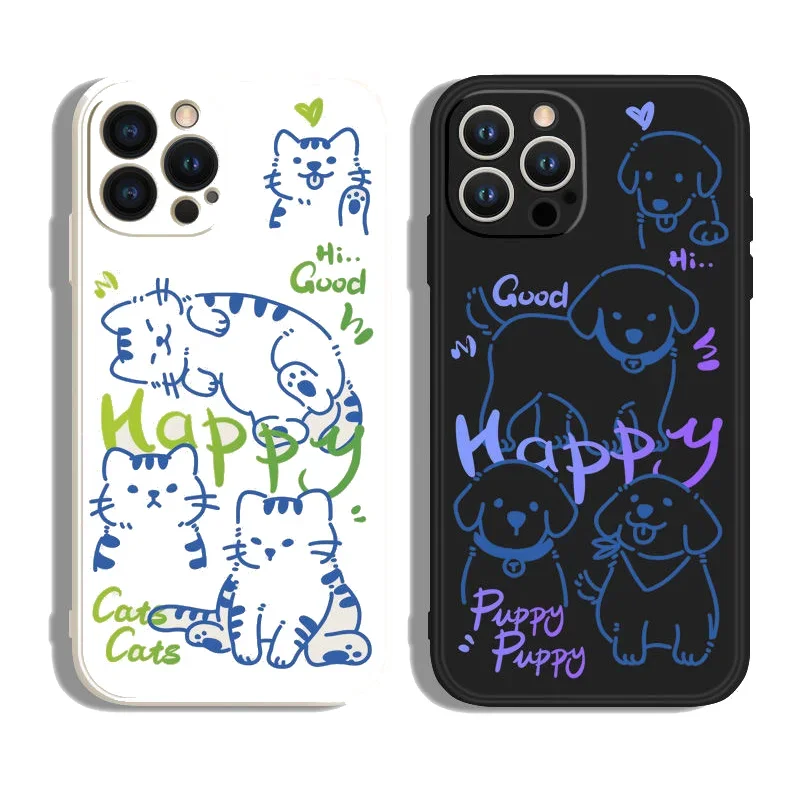 Cat Dog Couple Phones Case for Iphone 15 14 13 12 11 Pro Max Mini X XR 7 8 SE Plus SE Case Kawaii Cute Carton Animal Puppy Cover