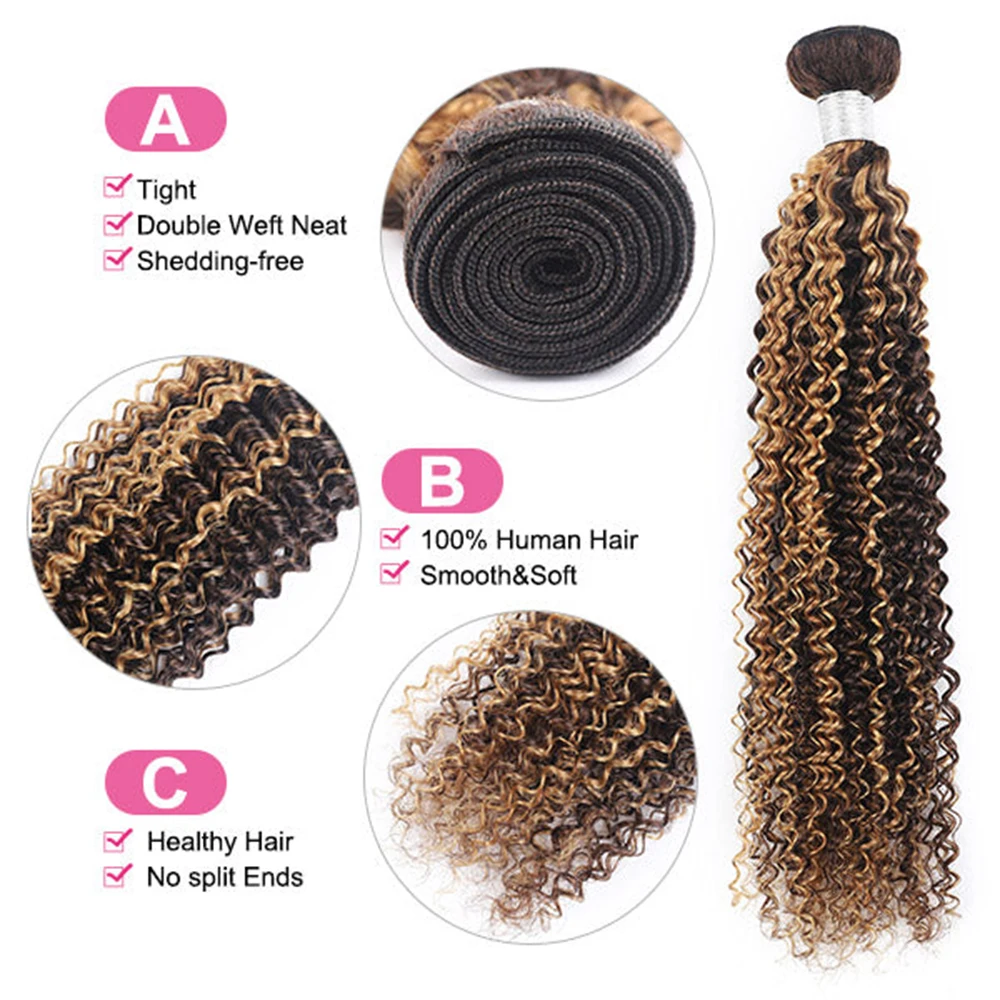 P4/27 Honey Blonde And Brown Jerry Curly Human Hair Bundles With 4x4 Lace Closure Peruvian Remy Hair Extention 220g/Set 10-24 In