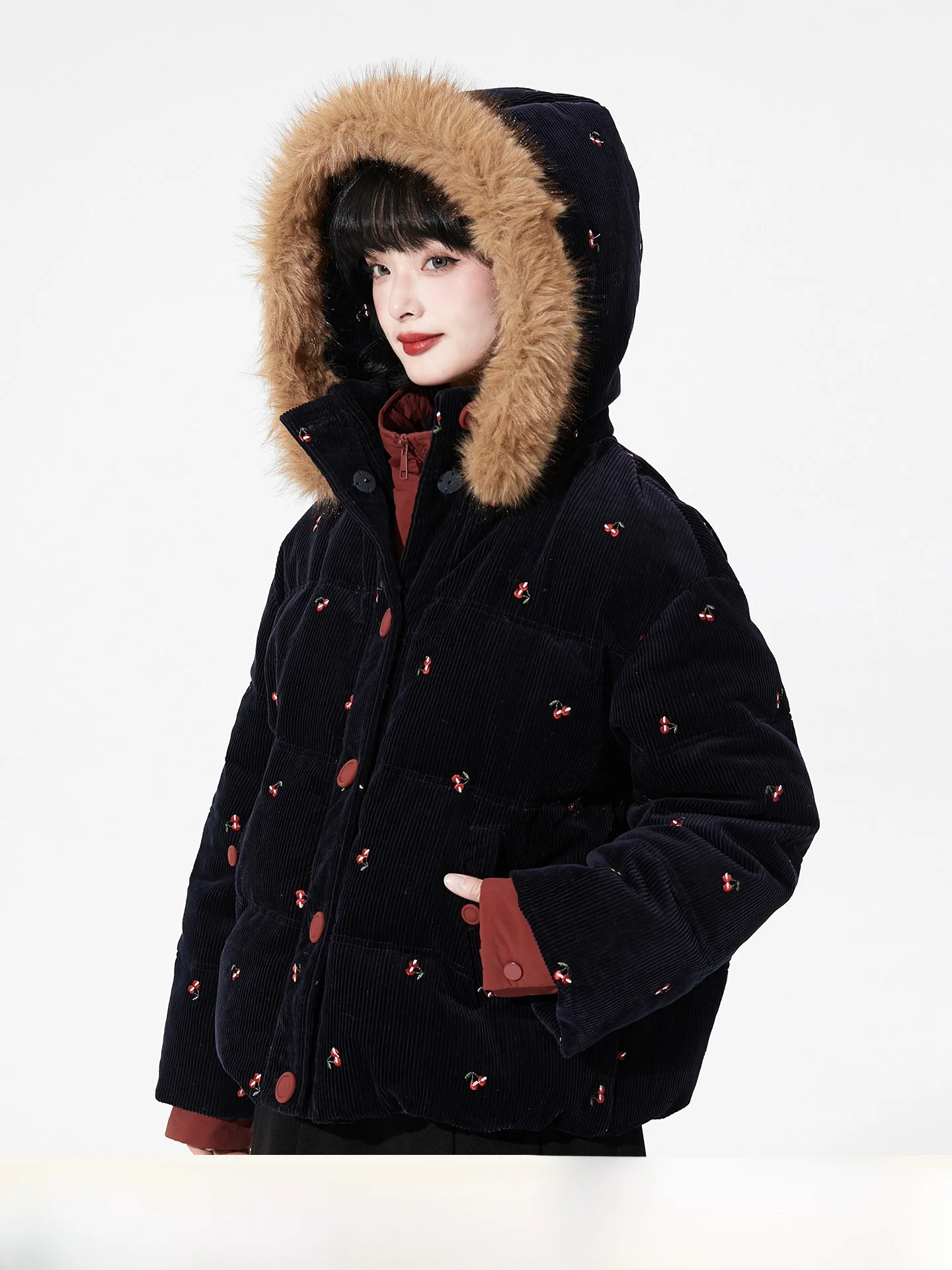 

Cherry Embroidery Faux Two-Piece down Jaet Original Color Blo Corduroy Hooded Women's Sweet Sle Loose Fit Printed Coat