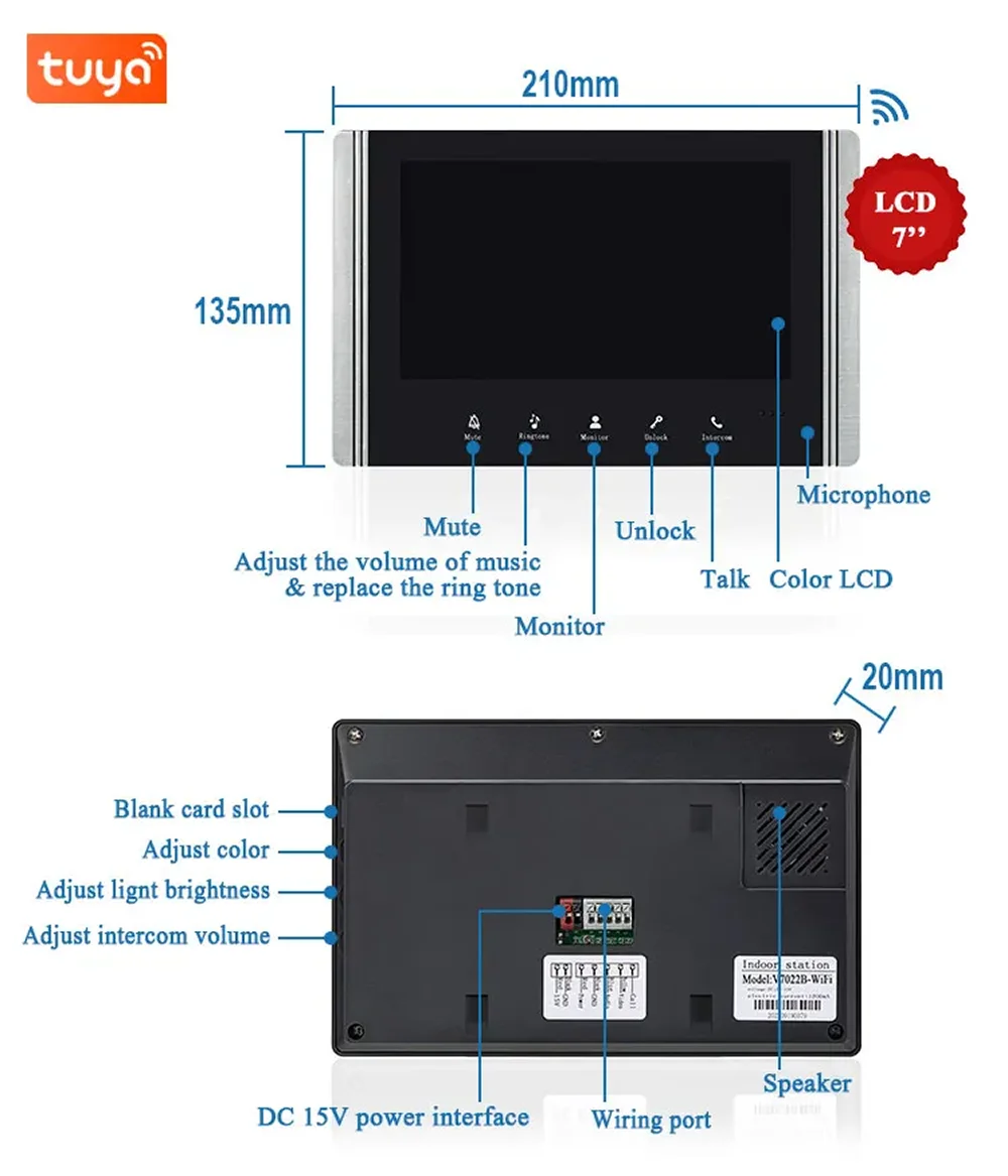 Tuya Wireless Wifi 7 Inch Video Intercom Doorbell System With Mobile Remote Unlock Control HD Doorbell Camera phone