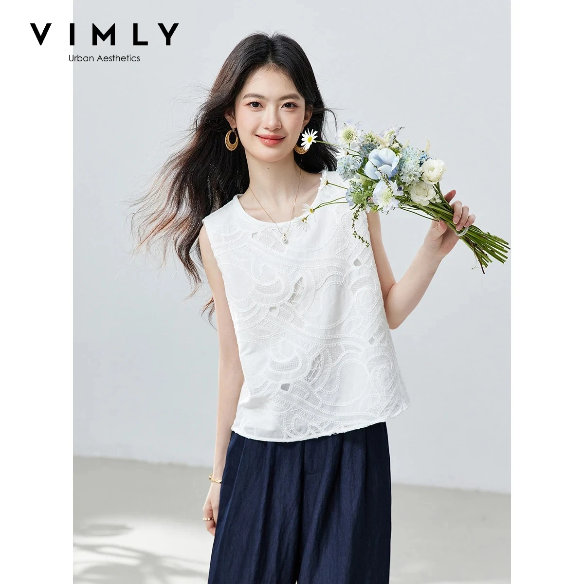 

VIMLY French Round Neck 100% Cotton Sleeveless Shirt for Women Fashion 3D Cut Out Embroidery Summer Casual Straight Blouse A6331