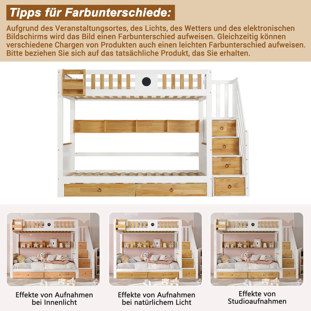 PINGGO Weißes Naturholz-Etagenbett 90x200cm mit Stauraum-Treppe, 4 Schränken, 2 Schubladen, offenem Regal, Fallschirmgitter, Kiefer+MDF, ohne Matratze – Detail 9