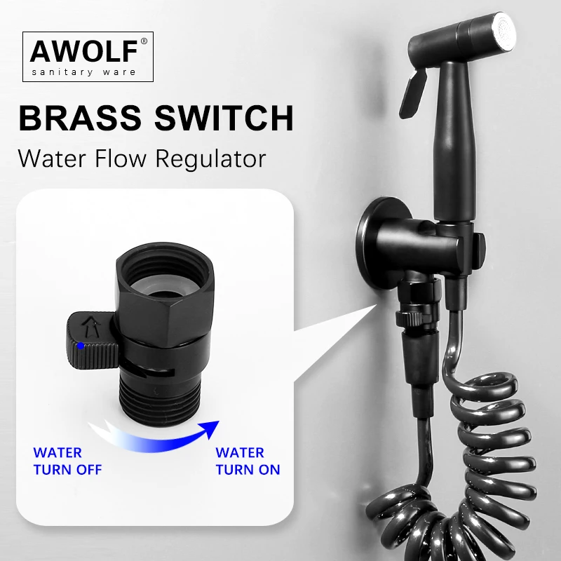 Awolf Matt Black Toilet Bidet Sprayer Dual Mode Hygienic Shower Head Solid Brass Angle Valve Muslim Toilet Shower Fitting AP2D24