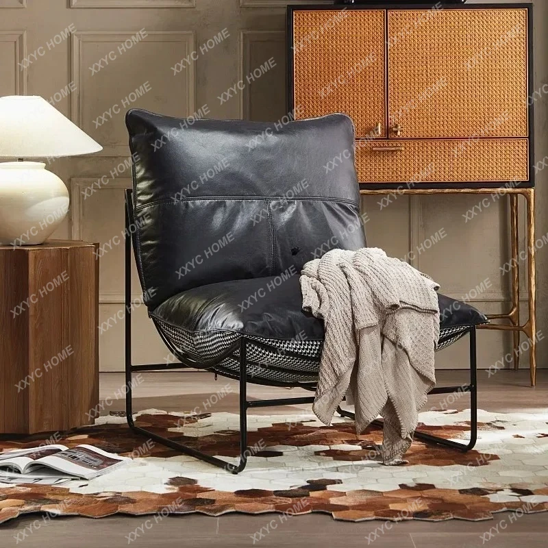 TTNordic Retro Modern Thousand Bird Grid Fabric Cowhide Double-sided Wrought Iron Casual Sofa Chair Leather Recliner53