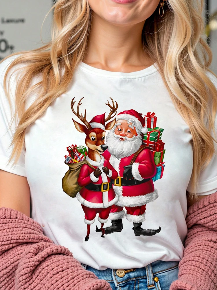 Merry Christmas Santa Claus Deer Print Women T-Shirt Fashion Short Sleeve T Shirt Streetwear Harajuku Female Tees Tops