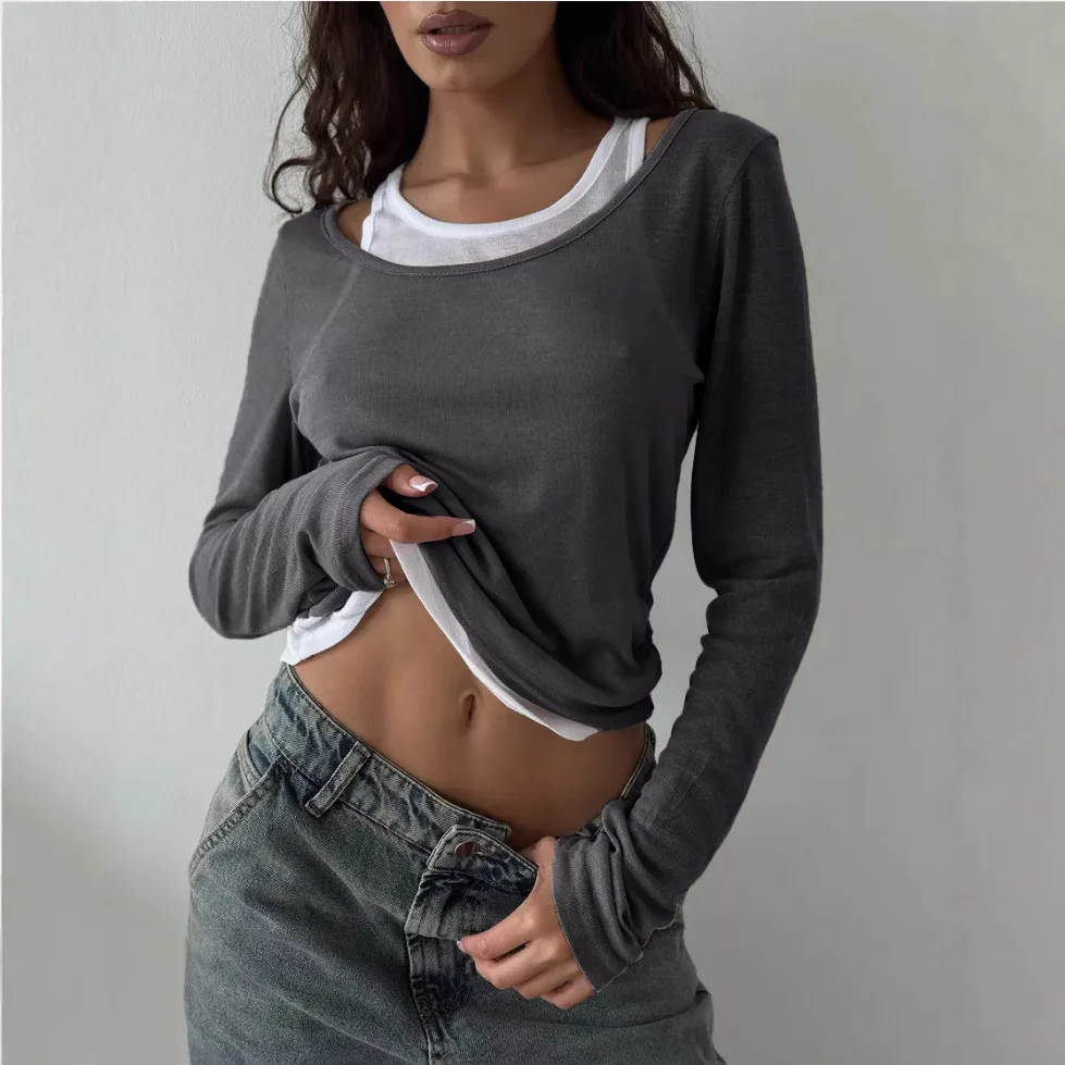 Fake Two Contrasting Long Sleeved T-shirts for Women Spring Autumn 2025 New Fashion Splicing Collar Sexy Short Y2k Top Women