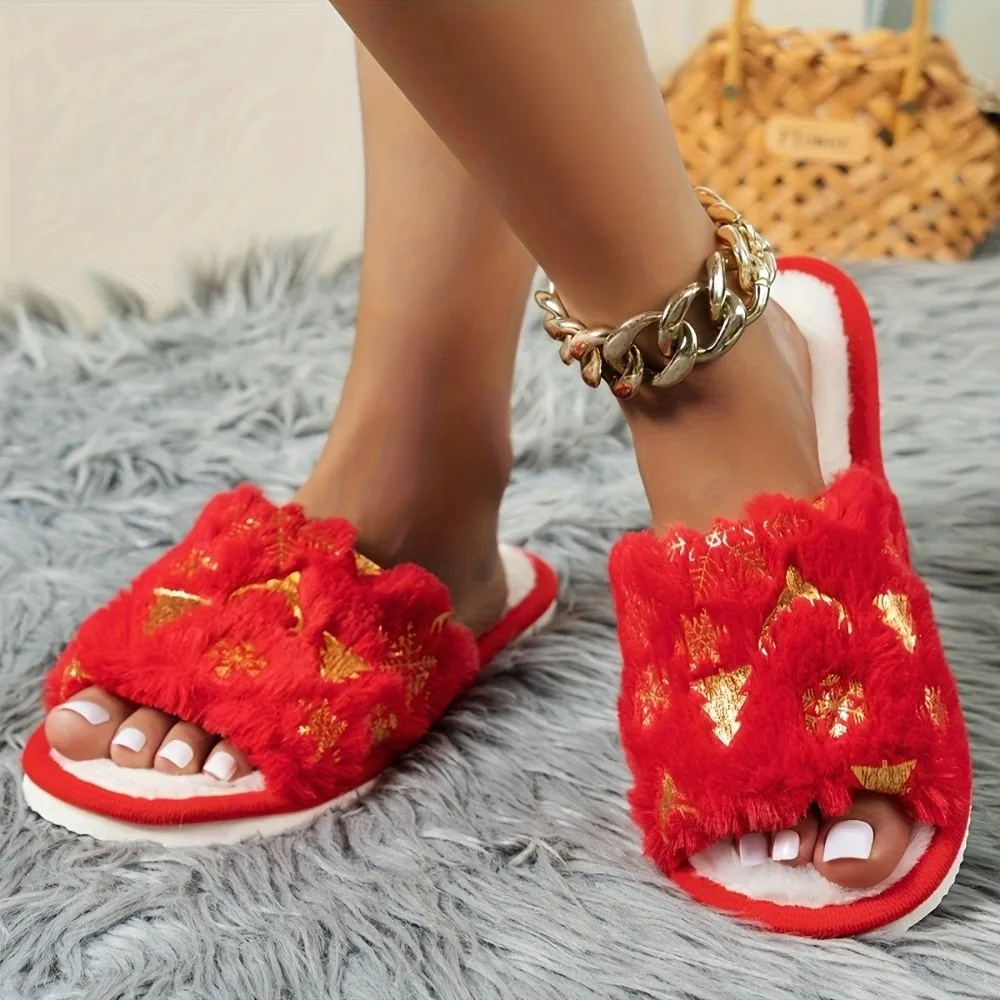 Open-Toe Christmas Tree Slippers Embroidered Snowflake Xmas Tree Furry Slippers Plus Velvet One-Step Women Home Slippers - view 3