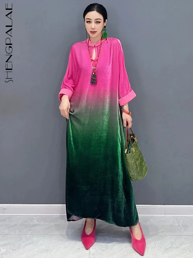 

SHENGPALAE Gradient Color Velvet Dress For Women Elegance Loose Tie Dye Chic A-line Vestido Female Spring 2024 New Trendy 5R9027