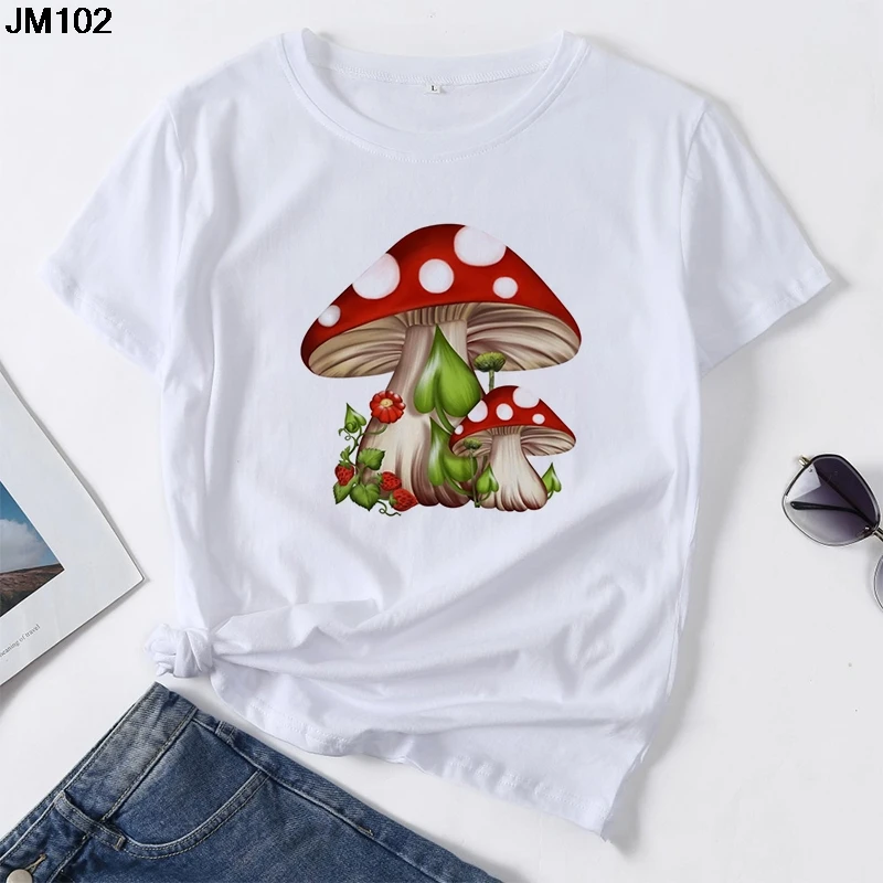 Kawaii Mushroom House Graphic Printed Women's T-shirt 90s Harajuku Casual Tops Female Tshirt Summer Cartoon Ladies Clothing Tees