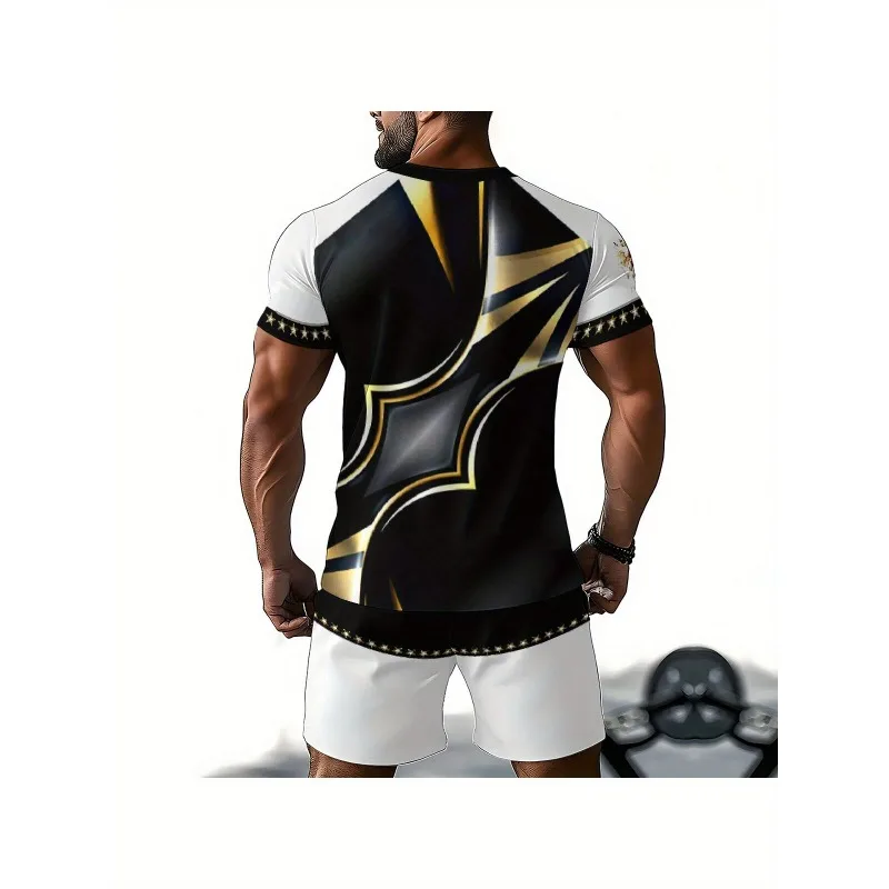 2025 Casual Daily Sports Polyester Fiber Set Fashionable Men's 3D Printed Round Neck T-shirt Shorts