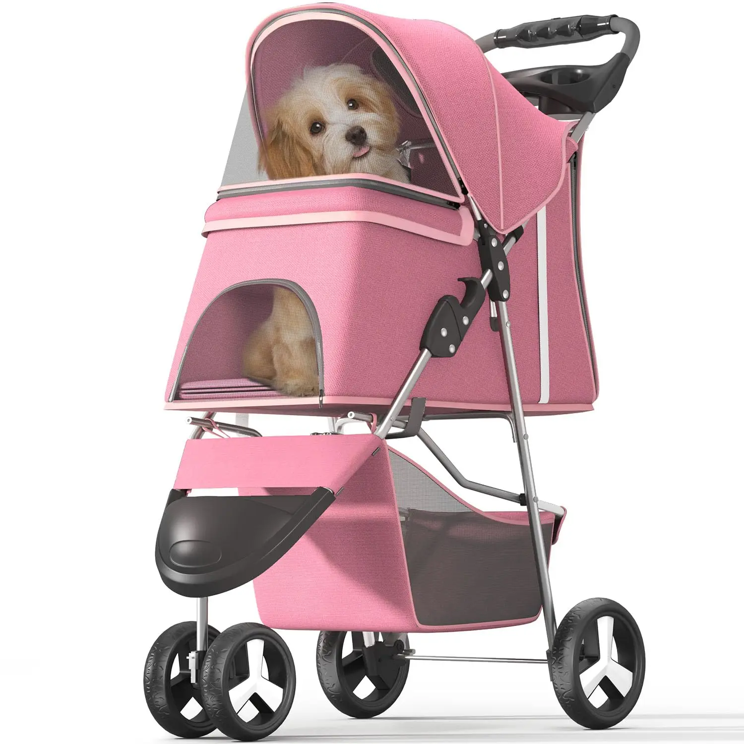 

3-Wheel Pet Stroller for Small/Medium Dogs & Cats, Foldable Carrier with Storage Basket & Weather Cover