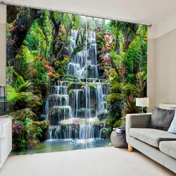 2 Panels Green Forest Waterfall Natural Scenery Curtains for Bedroom Living Room Floor-to-ceiling Window Kitchen Shutters Drapes