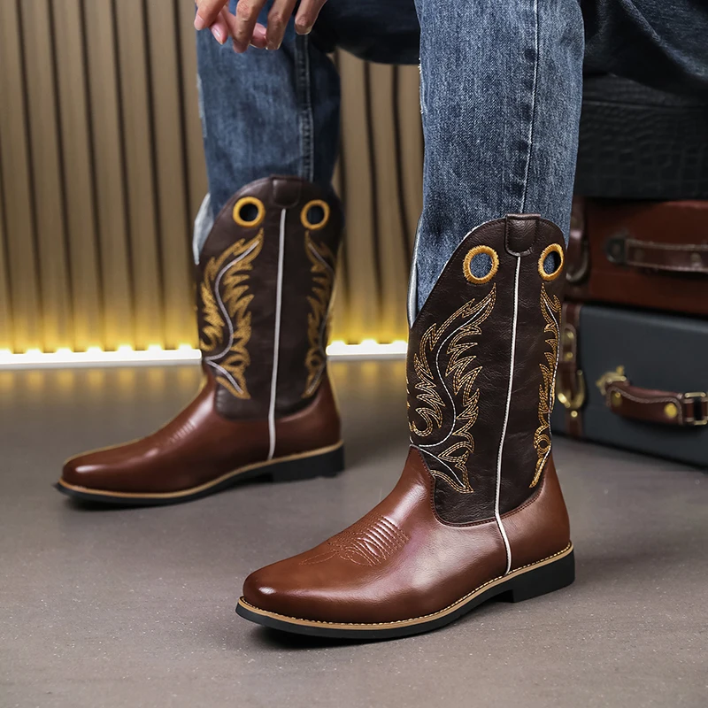 Men High Top Knight Boots PU Low Heel Square Toe Long Tube Deep V Burnt Flower Embroidered Western Cowboy Boots