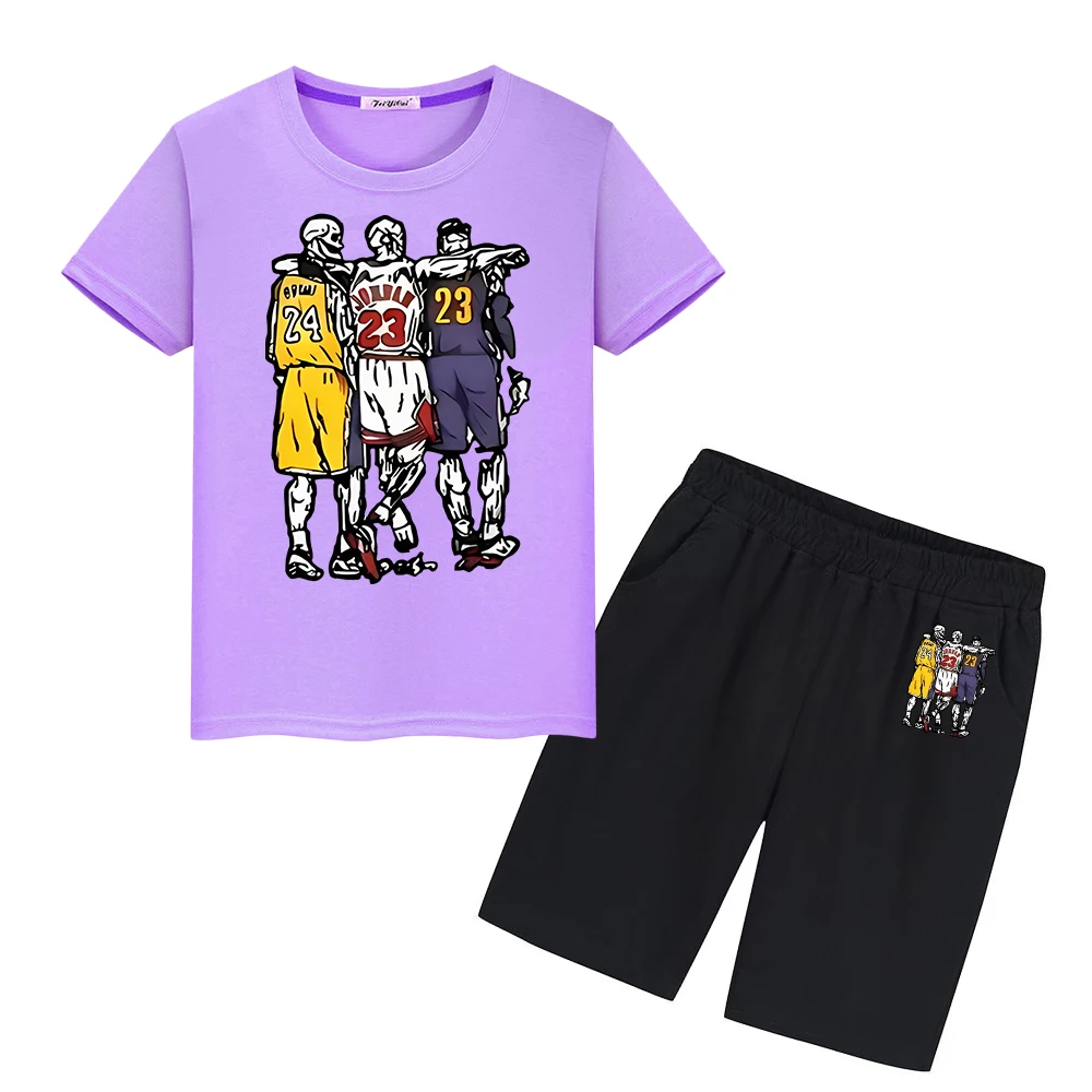 Basketball Print 100%Cotton T-shirt Sports Sets boys girls clothes Summer Cute Tees Kawaii Tshirts Tops+shorts kid holiday gift