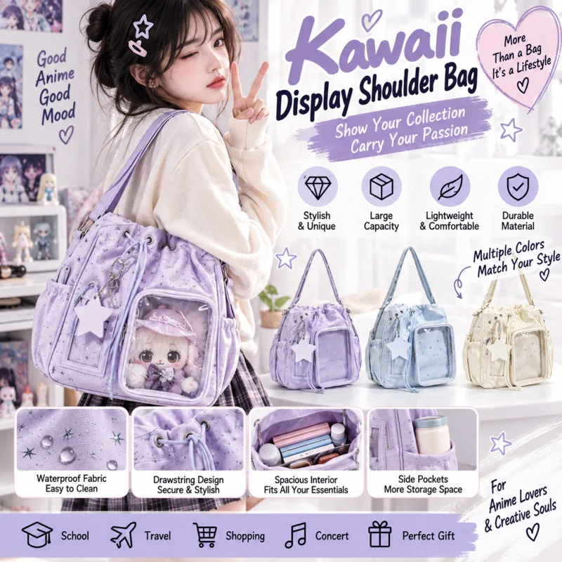 Star Y2K 20cm Print ItaBag Kawaii Drawstring Tote Clear Window Doll Display Bag Shoulder Crossbody Bag Plush Doll Storage Gift