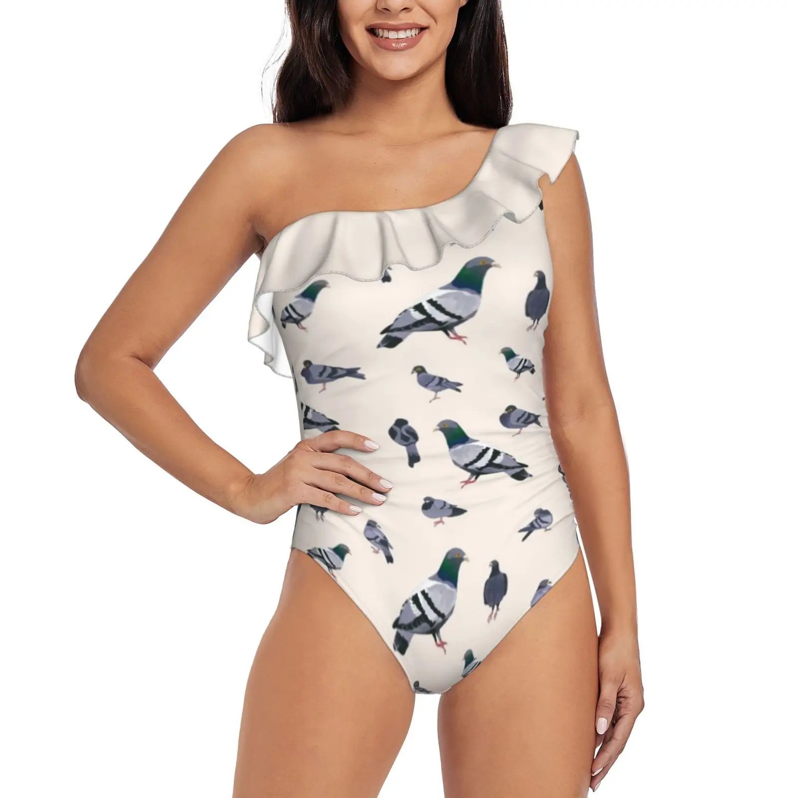 

Bird Poo One Shoulder Ruffle Swimsuits Bodysuit One Piece Swimwear Women New Female Beach Swimsuit Bird Pigeon Animal City