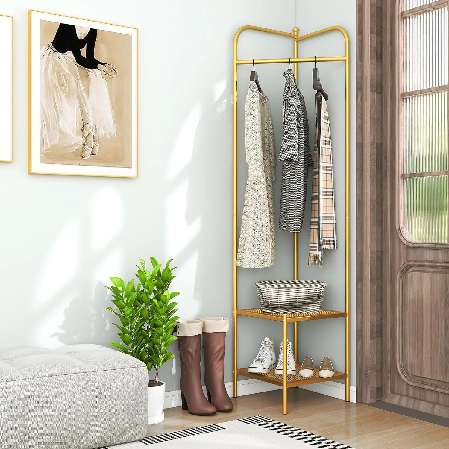 

Corner Coat Ra With Storage, Simple Hall Tree With Hanging Rod & 2 Mesh Shelves, Anti-Toppling Devices, Freestanding Metal