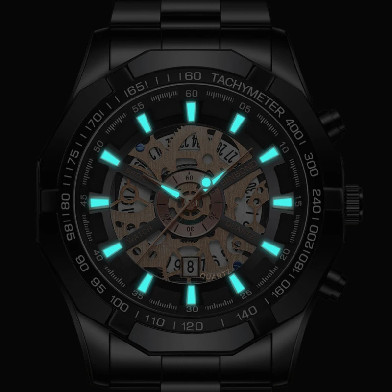 남성용 기어 다이얼 패션 시계, 스테인리스 스틸 캘린더, 탑 브랜드 럭셔리 스포츠 할로우 쿼츠 시계, Relogio Masculino + 박스, 2023 신제품