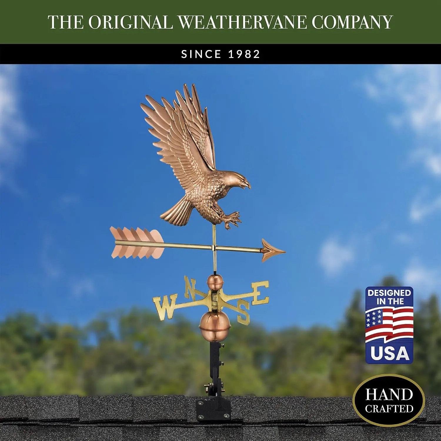 American Bald Eagle Copper Weathervane, Includes Adjustable Roof Mount for Easy Installation - Hand-Polished Copper, Customized 3