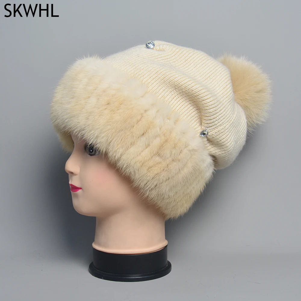 

Warm Mink Fur Knit Women Hats Real Fur Pompom Winter Wool Caps Thick Double Lined Russia Female Brand Slouchy Bonnets