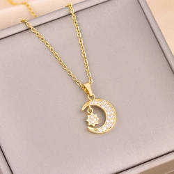 New In Sweet Romantic Zircon Crystal Moon Pendant Necklaces For Women Lady Stainless Steel Neck Chain Jewelry Female Accessories