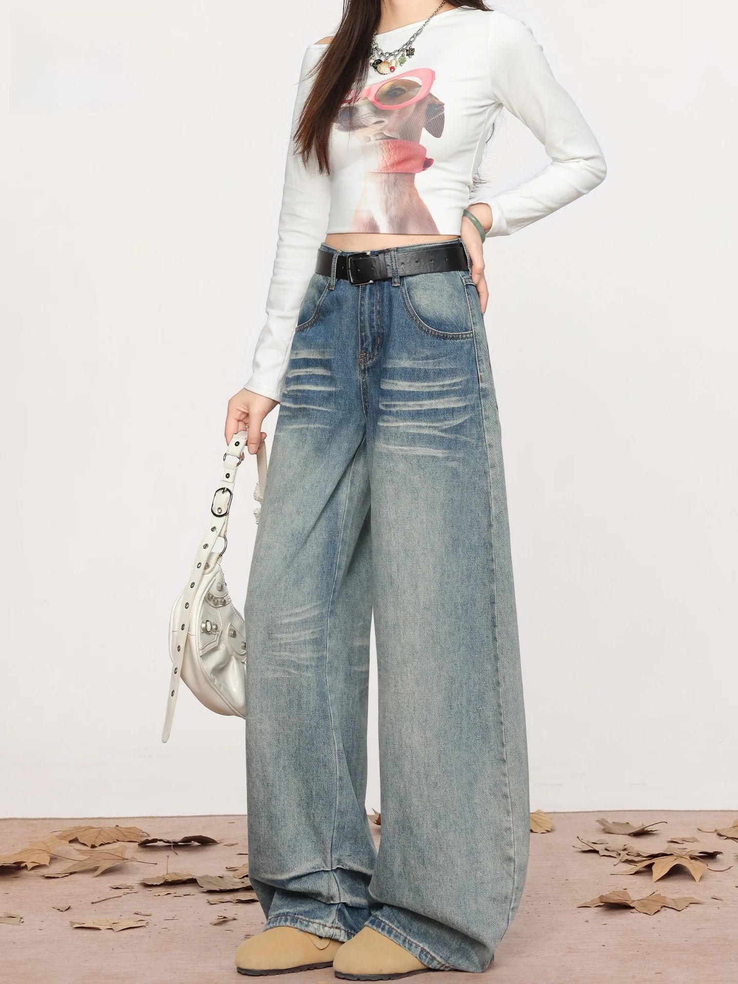 

Американские джинсы с высокой талией и широкими штанинами, женские, зимние, новые, свободного кроя, с отворотами, повседневные, без стрейча