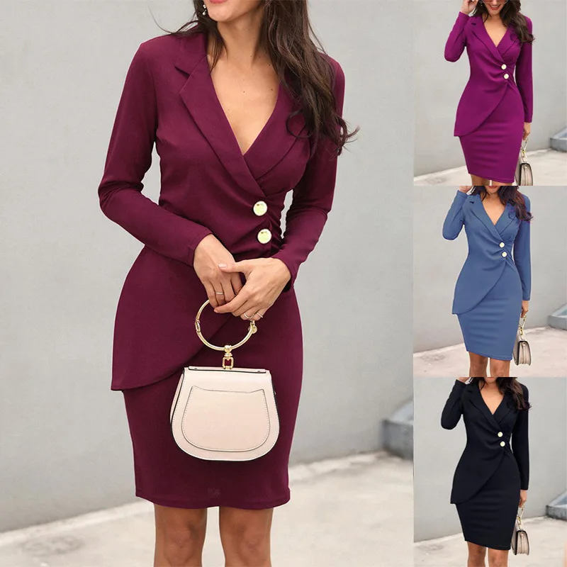 Dress Women autumn/winter Suit Collar Buttons Solid Color Mini Fashionable Dresses Casual Vestidos Dropshipping GZCMYOU5047