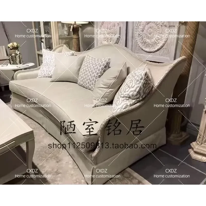 Three Person Solid Wood Carved Floral Sofa Retro Wave Style Detachable Skirt Living Room Furniture