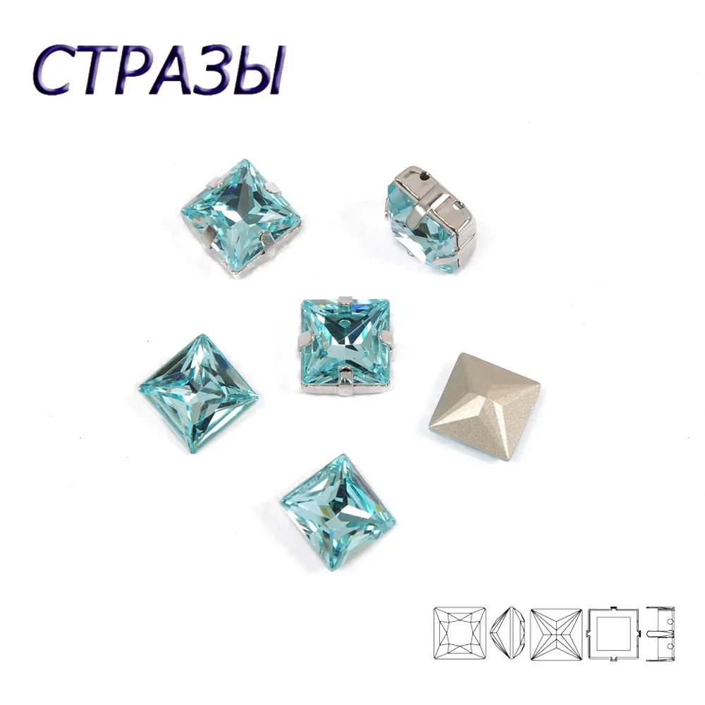 Aquamarine CTPA3bI K9 Square Rhinestones Silver Gold Base Sew-On Rhinestone Beads Jewelry Making Spacer Buttons for Garments