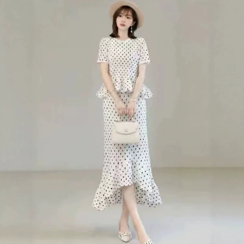 Miyake Polka Dot Temperament Short-sleeved Suit Women's Summer Waist Skirt Two-piece Set Age-reducing High-end Women's Clothing