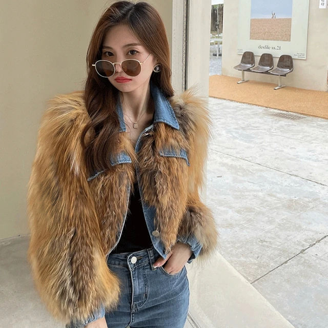 Veste en Vraie Fourrure de Raton Laveur pour Femme Manteau avec Col en Jean Style Court Haut de Gamme Automne et Hiver Offre Speciale AliExpress